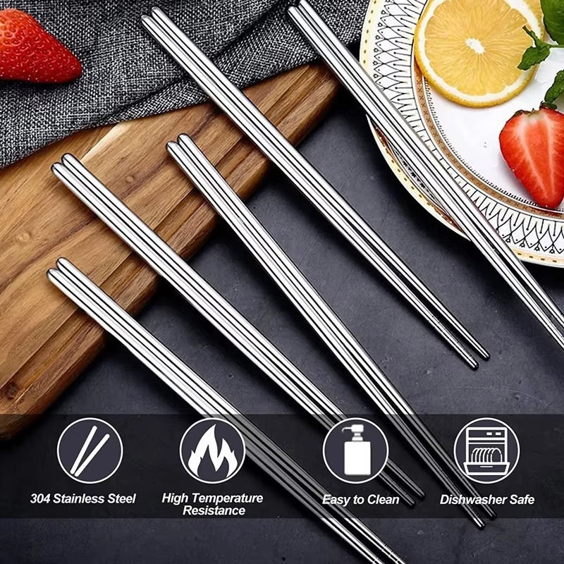 2/5/10 Pairs Chinese Chopsticks Stainless Steel Non-Slip Sushi Chopstick Korean Japanese Food Metal Sticks Kitchen Tableware Set
