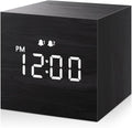 Digital Alarm Clock, with Wooden Electronic LED Time Display, 3 Alarm, 2.5-Inch Cubic Small Mini Wood Made Electric Clocks for Bedroom, Bedside, Desk, Black